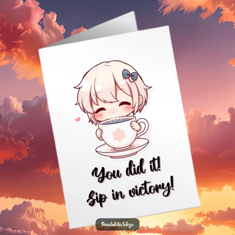 Funny Free Printable Congratulations Card featuring a character calmly sipping tea, conveying elegant and humorous well wishes.