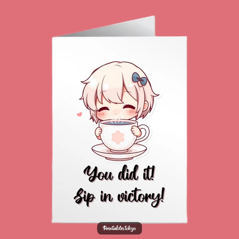 Free Printable Congratulations Card: Adorable Character Sips Tea - Cute Downloadable