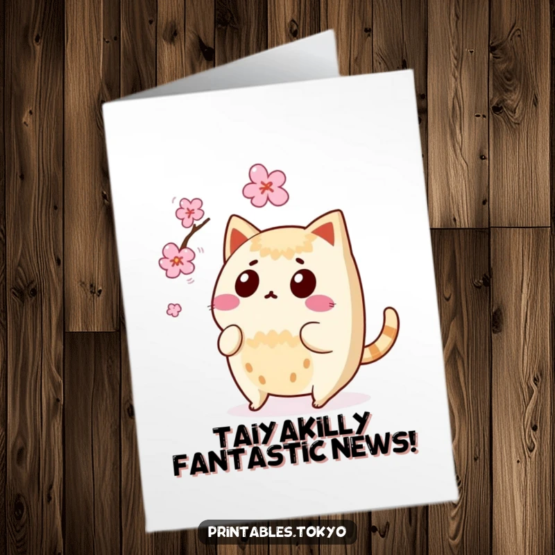 Funny Free Printable Congratulations Card: Surprised taiyaki character narrowly avoids falling blossom, celebrating a close call win.