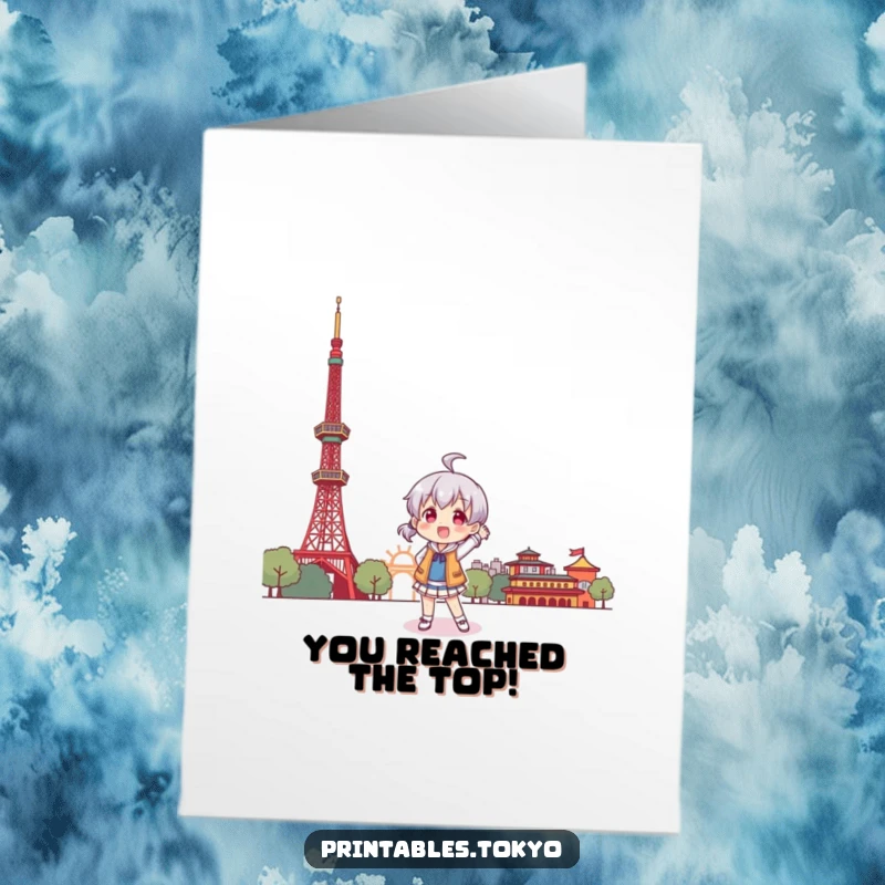 Funny Free Printable Congratulations Card: A character strikes a playful pose in front of a stylized Tokyo Tower, celebrating a big accomplishment.