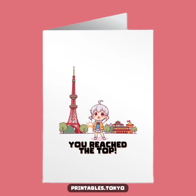 Free Printable Tokyo Tower Congrats Card: Character Poses Symbolizing Achievement - Download!