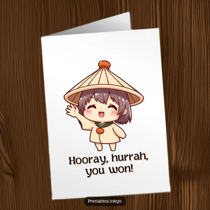 Funny Free Printable Congratulations Card: A cute character in a Japanese hat waves enthusiastically, celebrating success.