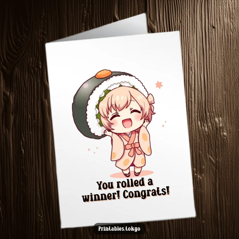 Funny Free Printable Congratulations Card: Character in a kimono joyfully holding a giant sushi roll, celebrating success with joy, downloadable gift.