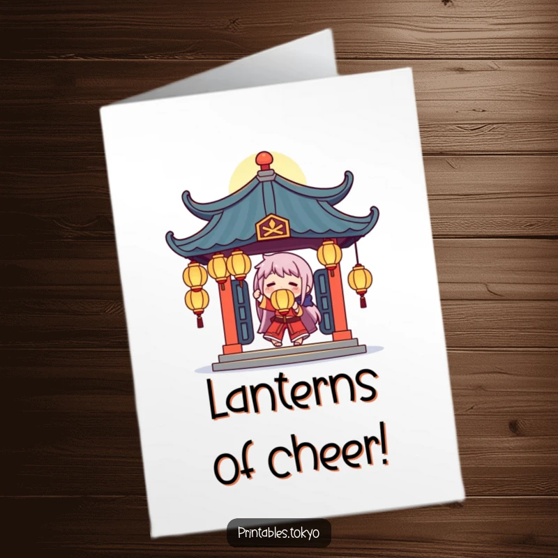 Funny Free Printable Congratulations Card: a character juggling glowing lanterns under a temple roof, celebrating achievement.