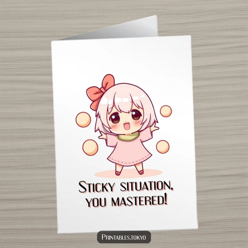 Funny free printable congratulations card: A character happily juggles small, round mochi balls, celebrating a momentous occasion.