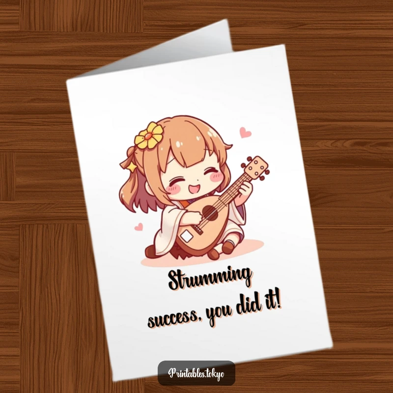 Funny Free Printable Congratulations Card: Character strumming a miniature shamisen, celebrating achievements with cheerful Japanese music.
