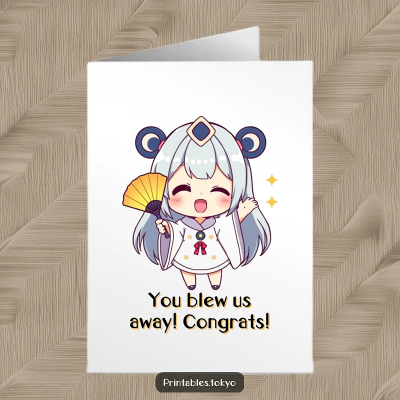Funny Free Printable Congratulations card of a character enthusiastically waving a small, colorful fan, celebrating a wonderful success with gusto.