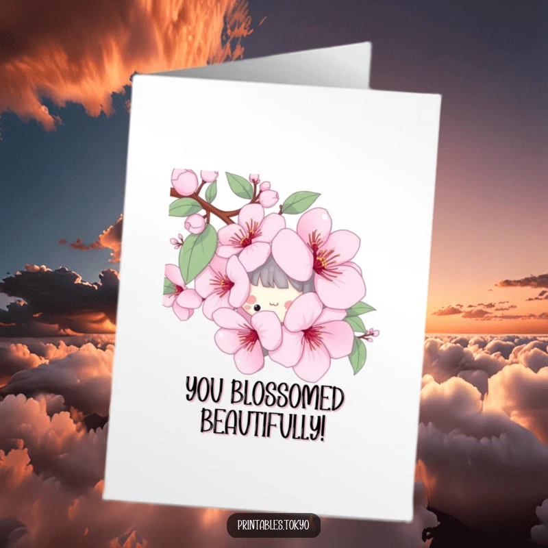 Funny Free Printable Congrats Card: Playful character emerging from a giant cherry blossom, celebrating joyful news.