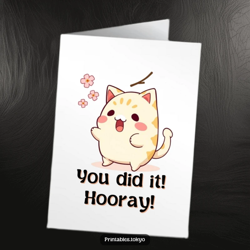 Funny Free Printable Congrats Card: A surprised taiyaki character narrowly dodges a falling cherry blossom, tail wagging in shock.