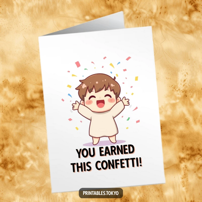 Funny Free Printable Congrats Card: Happy character joyfully throwing a shower of colorful confetti, expressing delight.