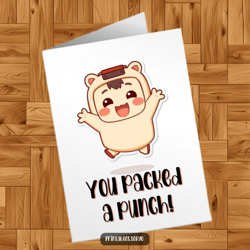 Funny Free Printable Congratulations Card featuring a character with a bento box accessory, happily jumping to celebrate achievements.