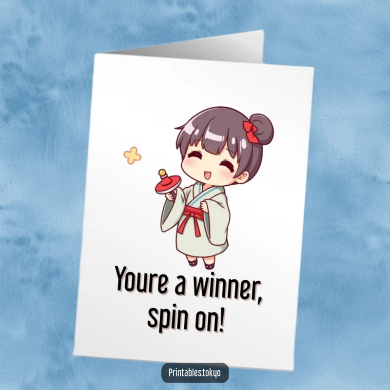 Funny Free Printable Congratulations Card: Character in a yukata gleefully spinning a top, symbolizing achievement and momentum.