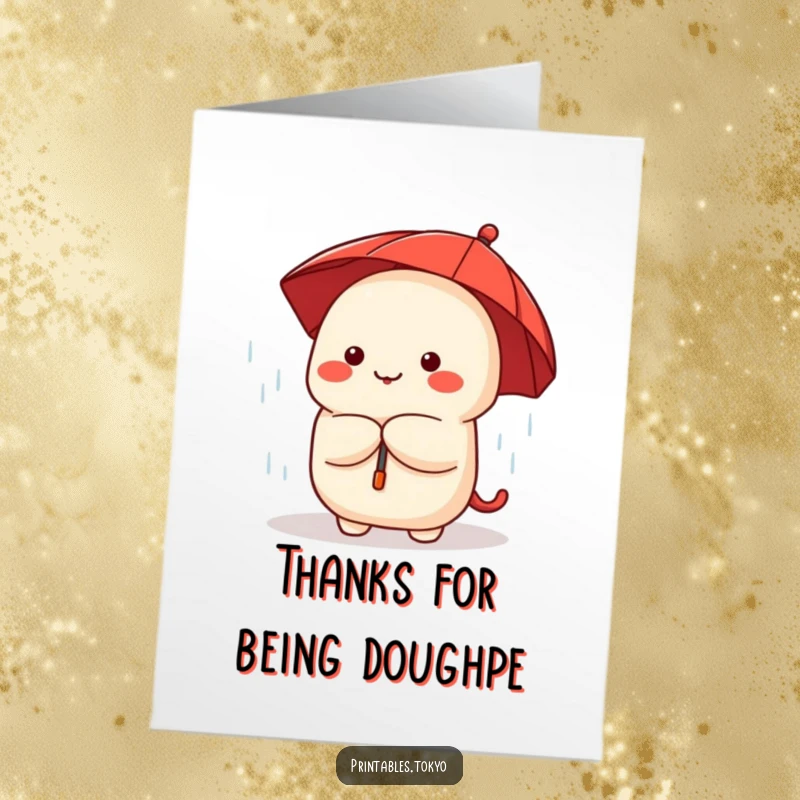 Funny Free Printable Thank You Card: Cute dumpling with a red umbrella peeking from rain, expressing thanks.