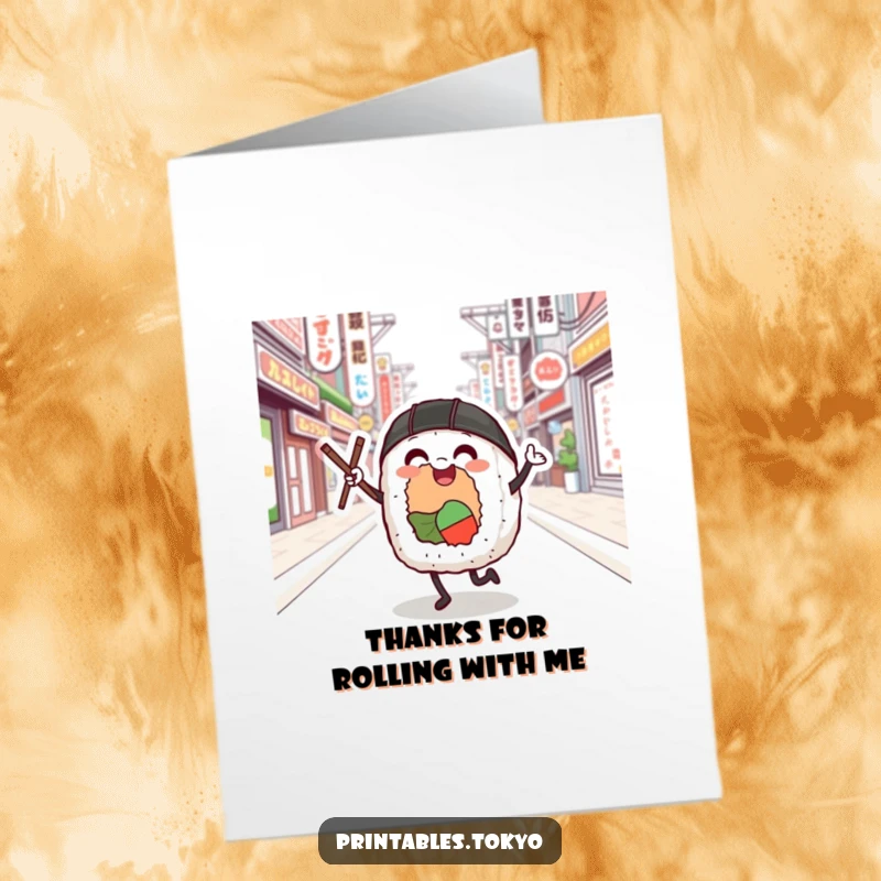 Funny Free Printable Thank You Card: Sushi roll dancing happily with chopsticks on a Tokyo street, expressing gratitude.