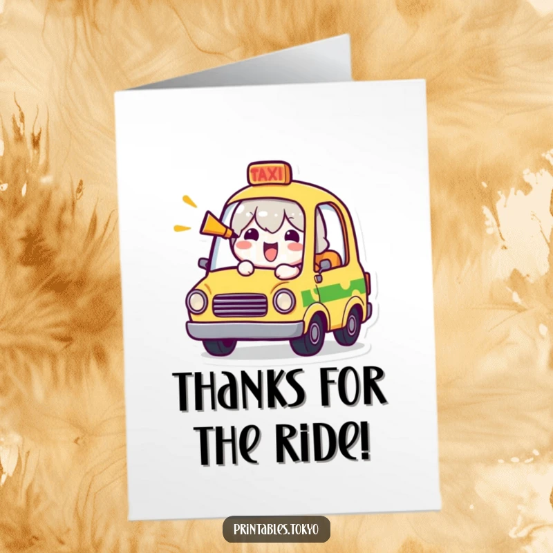 Funny Free Printable Thank You Card: a happy character in a mini taxi honking, conveying thanks with humor.