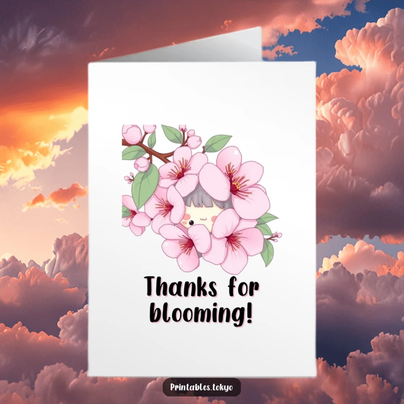 Funny Free Printable Thank You Card: Adorable character peeking from behind a huge cherry blossom, conveying thanks.