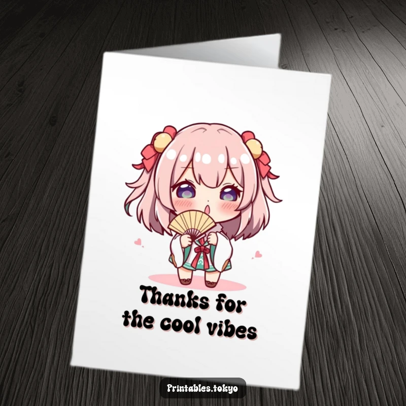 Funny Free Printable Thank You Card with a playful character using a tiny fan, expressing cool gratitude with a smile.