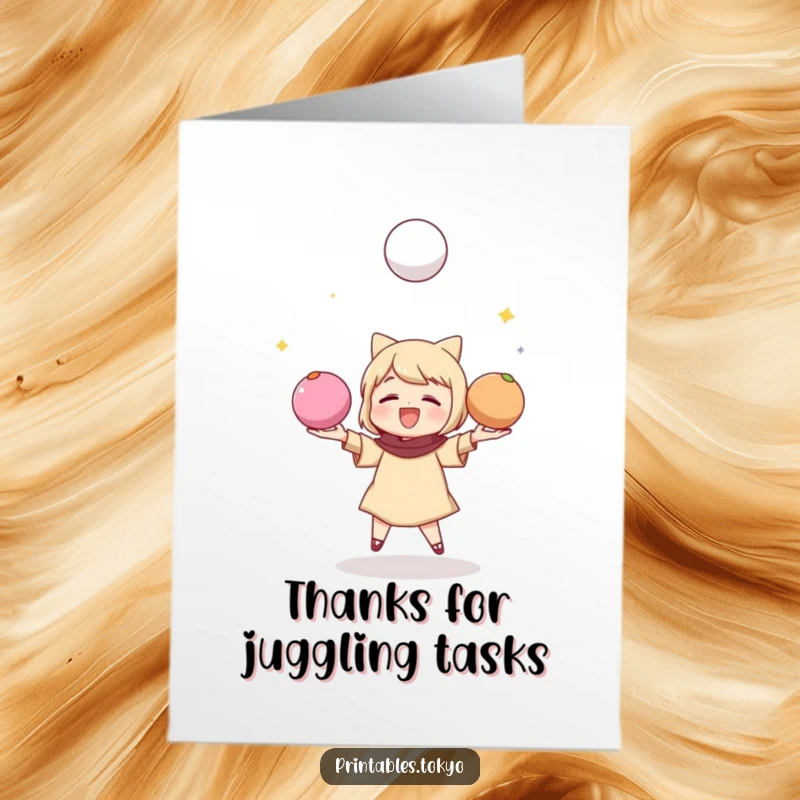 Funny Free Printable Thank You Card: Character joyfully juggling colorful mochi balls, sending thanks with a fun and energetic spirit.