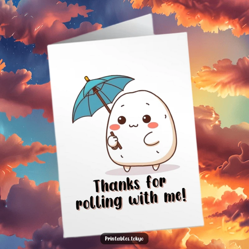 Funny Free Printable Thank You Card featuring a cute onigiri character with a determined expression holding a tiny umbrella.