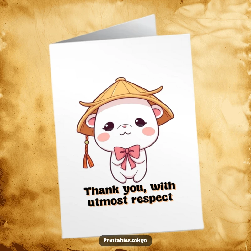 Funny Free Printable Thank You Card: Cute creature in a traditional Japanese hat bowing shyly in a gesture of gratitude.
