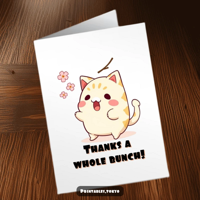 Funny Free Printable Thank You Card: A taiyaki character looks shocked as a cherry blossom falls, narrowly missing its tail.