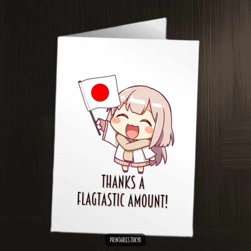 Funny free printable thank you card: A character enthusiastically waves a small Japanese flag, symbolizing heartfelt gratitude.