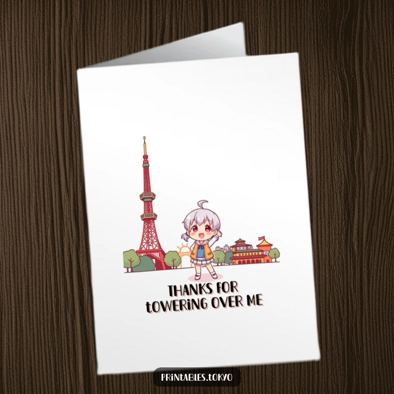 Funny Free Printable Thank You Card: A character poses playfully in front of a stylized Tokyo Tower, sending thanks with flair.