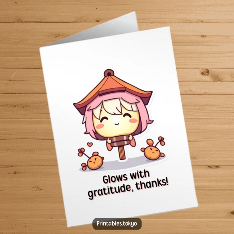 Funny Free Printable Thank You Card: Character peeks shyly from a luminous paper lantern, conveying thanks. Charming downloadable art.