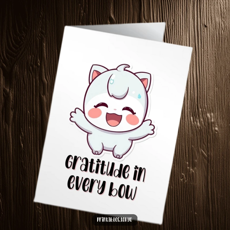 Funny Free Printable Thank You Card: Character with a beaming smile, offering a polite and thankful bow to express gratitude.