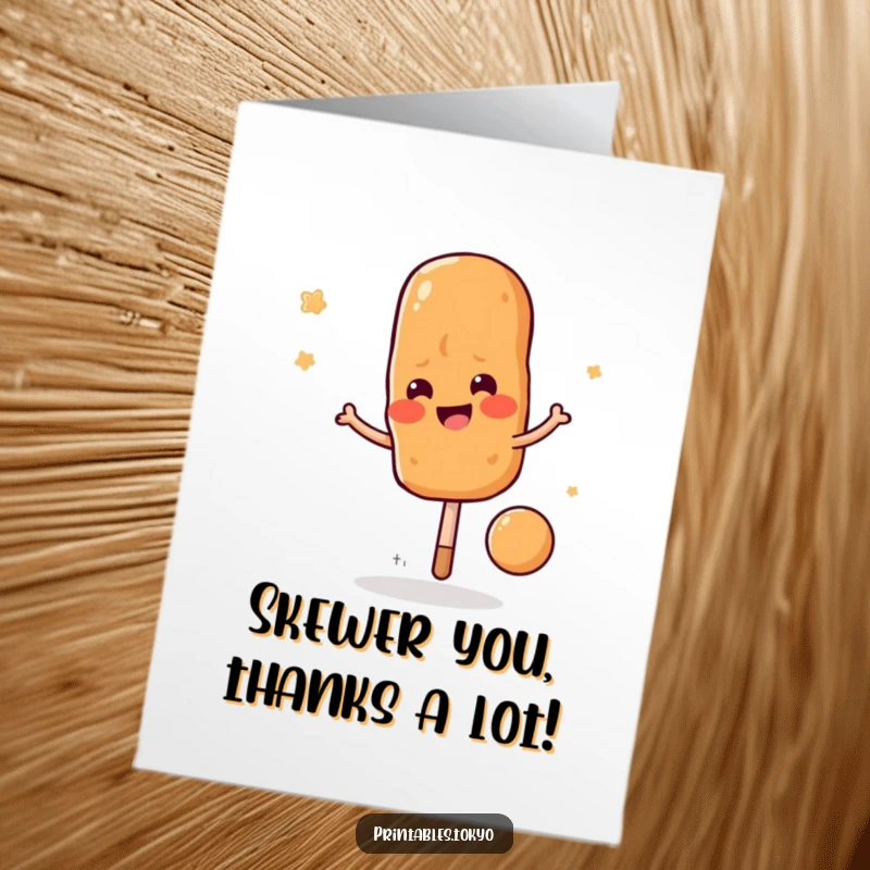 Funny Free Printable Thank You Card: A cheerful Yakitori skewer character playfully bouncing like a ball to express thanks.