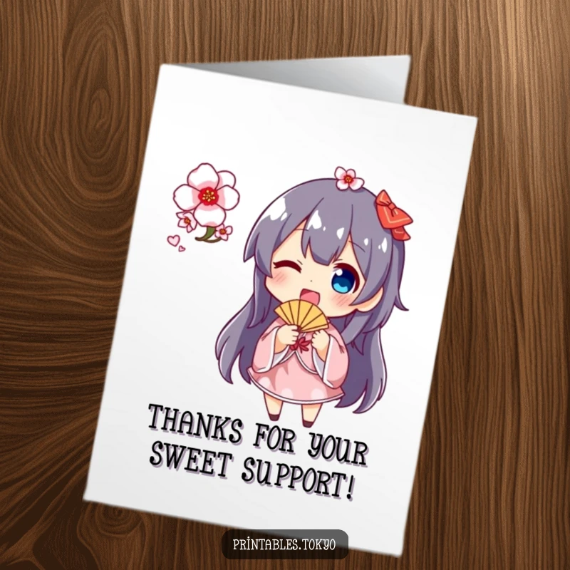 Funny Free Printable thank you card with a character waving a small fan and cherry blossoms, showing enthusiastic appreciation with a smile.