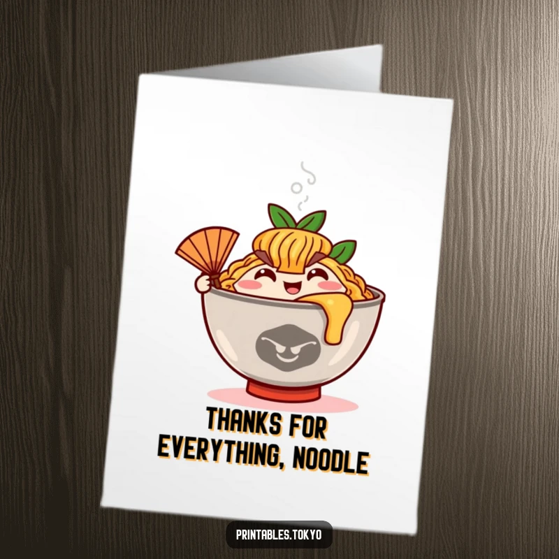 Funny Free Printable Thank You Card: Happy ramen bowl character waving a fan, conveying heartfelt thanks.