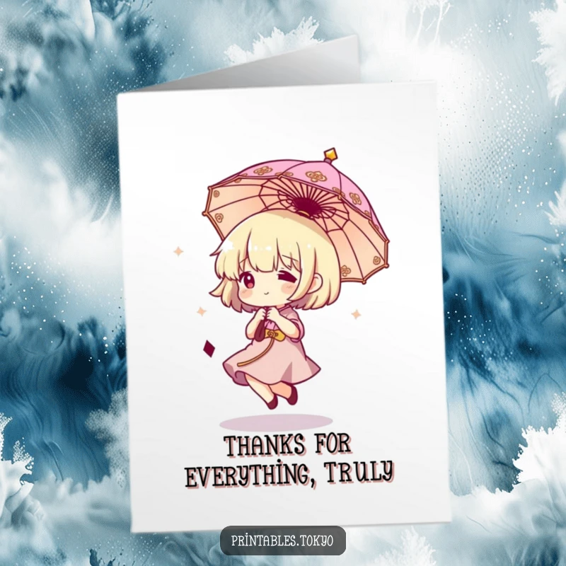 Funny Free Printable Thank You Card: Character is expertly bouncing a tiny ornate umbrella, offering thanks. Great downloadable art.