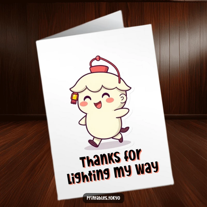 Funny Free Printable Thank You Card showcasing a smiling character holding a bright lantern, conveying heartfelt gratitude with humor.