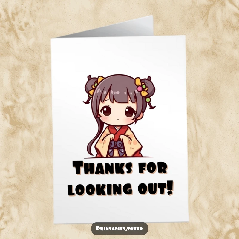 Funny Free Printable Thank You card of a cute character peeking out in a tiny kimono, offering a charmingly funny thank you.