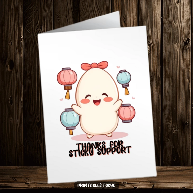 Funny Free Printable Thank You Card: Cheerful mochi character juggling lanterns, expressing heartfelt thanks.