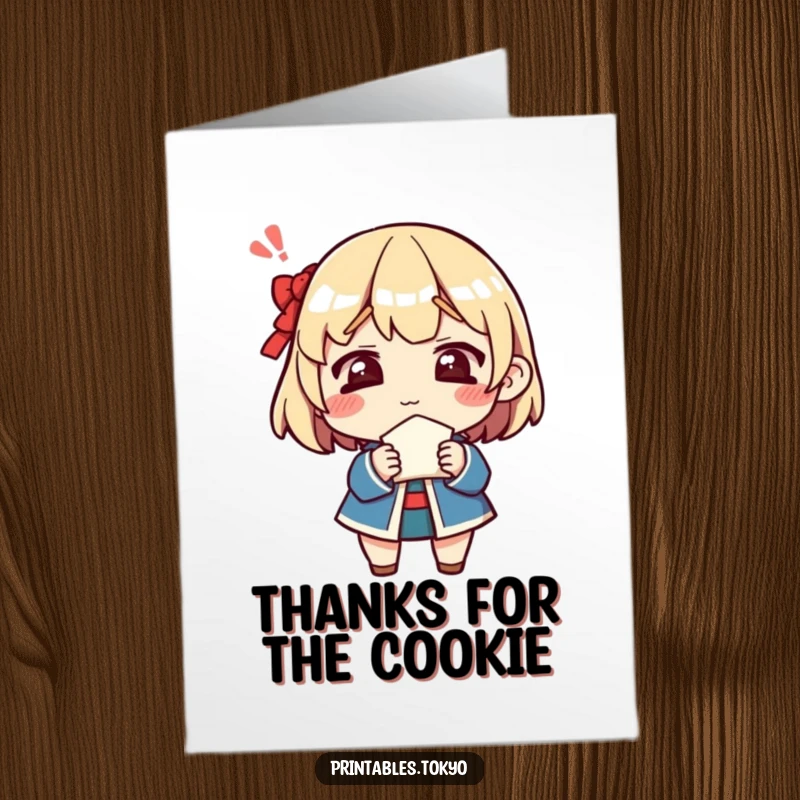 Funny Free Printable Thank You Card: Character looking utterly confused while holding a fortune cookie, making for a humorous thank you.
