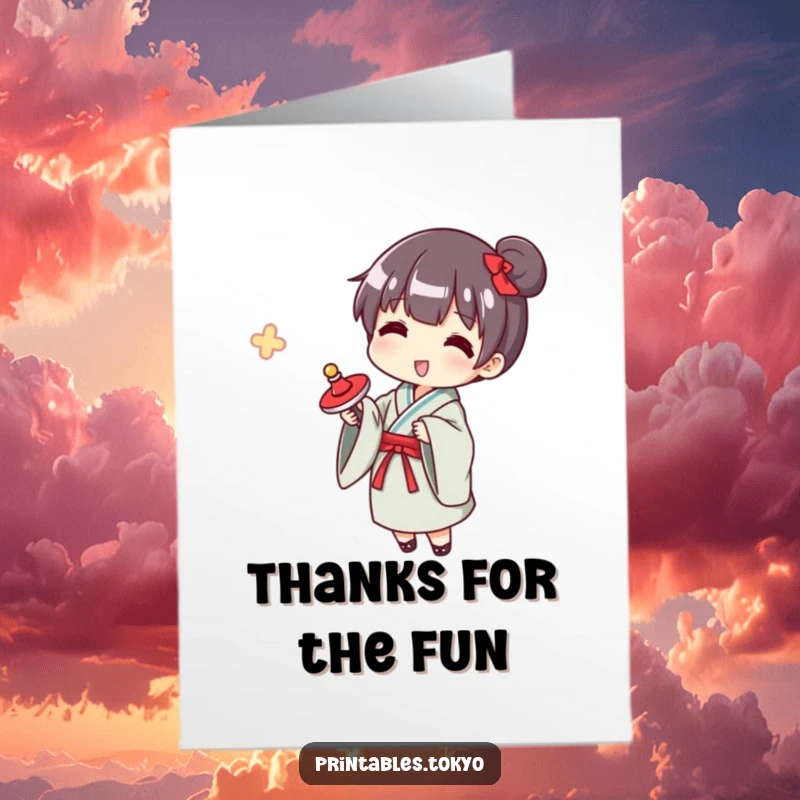 Funny Free Printable Thank You Card: Character in a yukata happily spinning a top, a fun way to show gratitude.