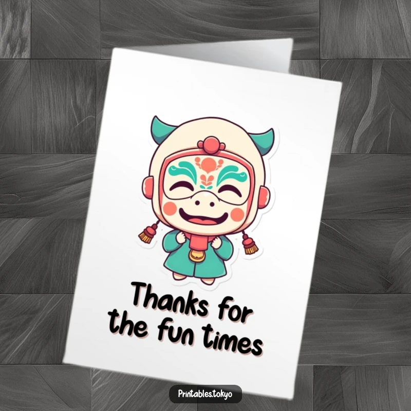 Funny Free Printable Thank You Card: Character wearing a small festival mask, making a funny, endearing face to convey thanks.