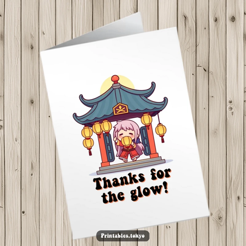 Funny Free Printable Thank You Card: a character juggling glowing lanterns under a temple, expressing thanks beautifully.