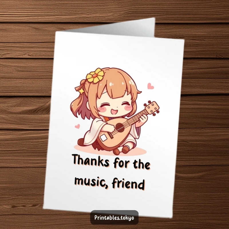 Funny Free Printable Thank You Card: Character happily playing a shamisen, conveying heartfelt thanks with a musical twist.