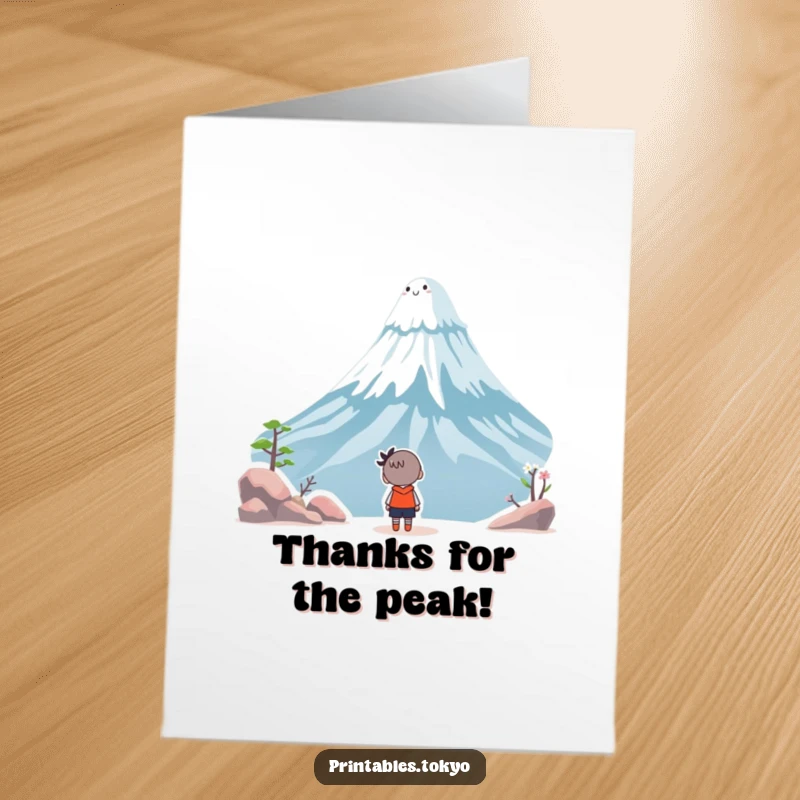 Funny Free Printable Thank You Card: A character gazing at a smiling Mount Fuji, conveying heartfelt thanks.