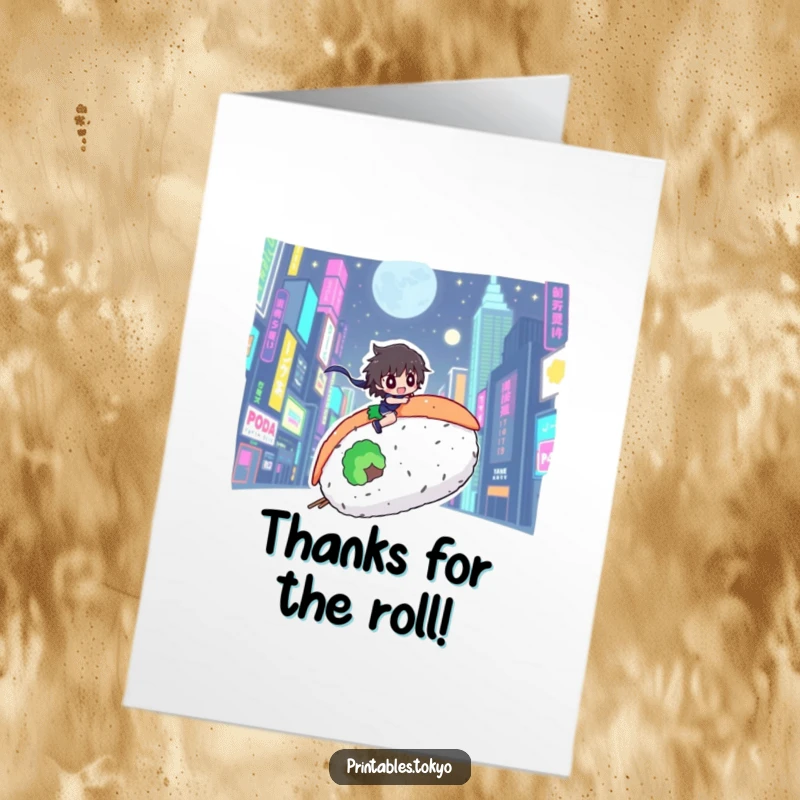 Funny Free Printable Thank You Card: a character riding a giant sushi roll through a neon cityscape, conveying thanks.