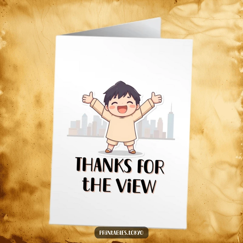 Funny Free Printable Thank You Card: Joyful character embracing the city skyline, expressing gratitude and admiration.