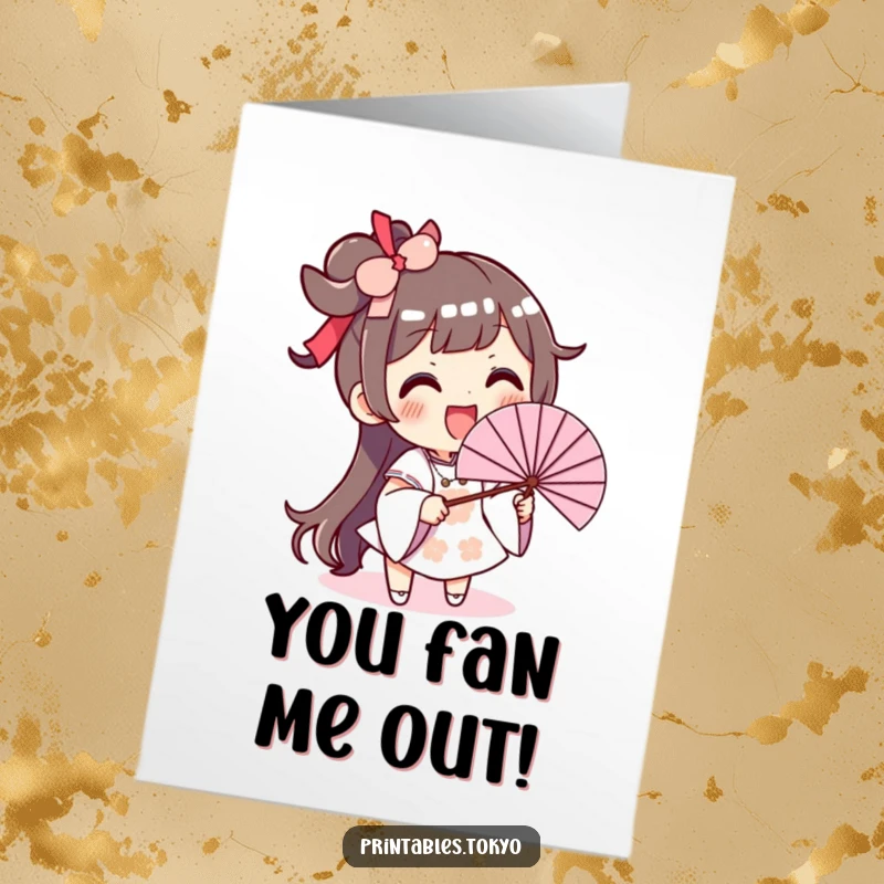 Funny Free Printable Thank You Card: a character waving a giant fan with a smile to express thanks warmly.