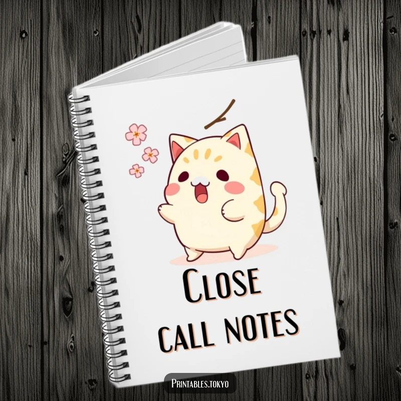 Funny notebook with a surprised taiyaki character, wagging tail, narrowly escaping a falling cherry blossom, ideal for humorous notes.
