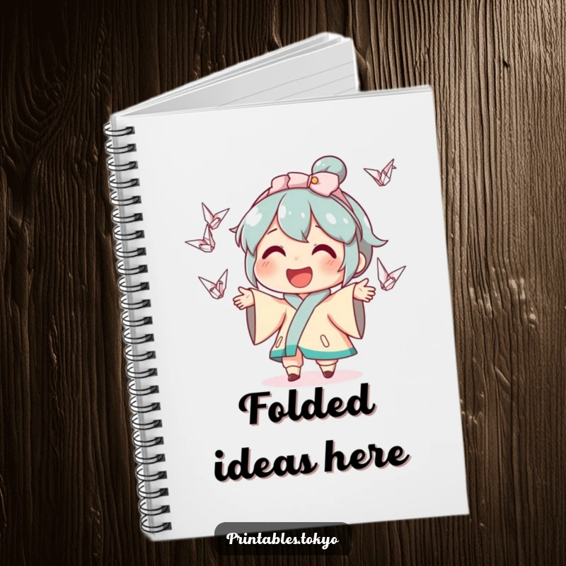 Funny notebook cover illustration of a happy character juggling a colorful assortment of tiny origami cranes, inspiring creativity and joy.