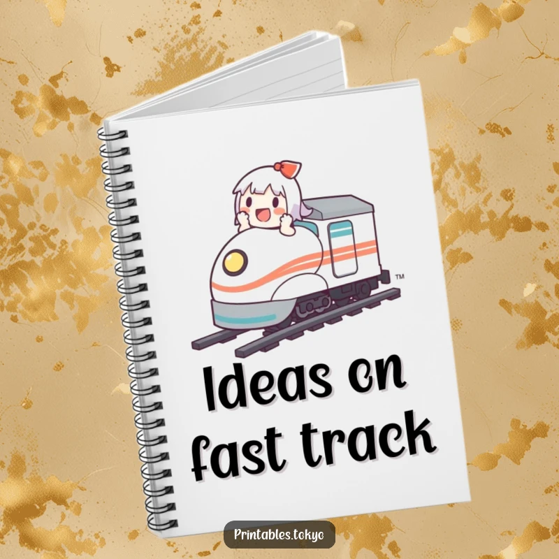 Funny notebook cover with a cute character happily riding a miniature bullet train, perfect for capturing fast thoughts.