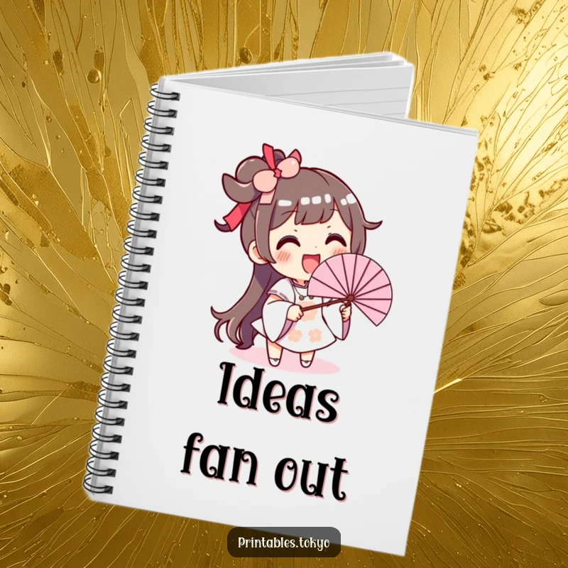 Funny notebook cover with an excited character smiling widely while waving an oversized fan, inspiring creativity.