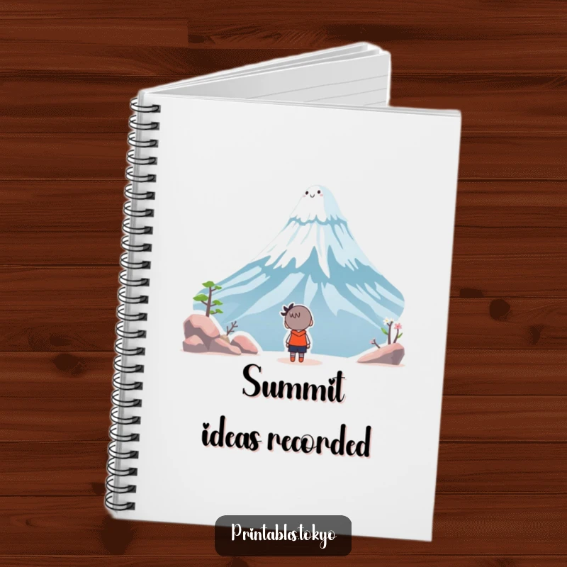 Funny notebook cover design of a character gazing in wonder at a whimsical, smiling Mount Fuji, promoting creativity and exploration.